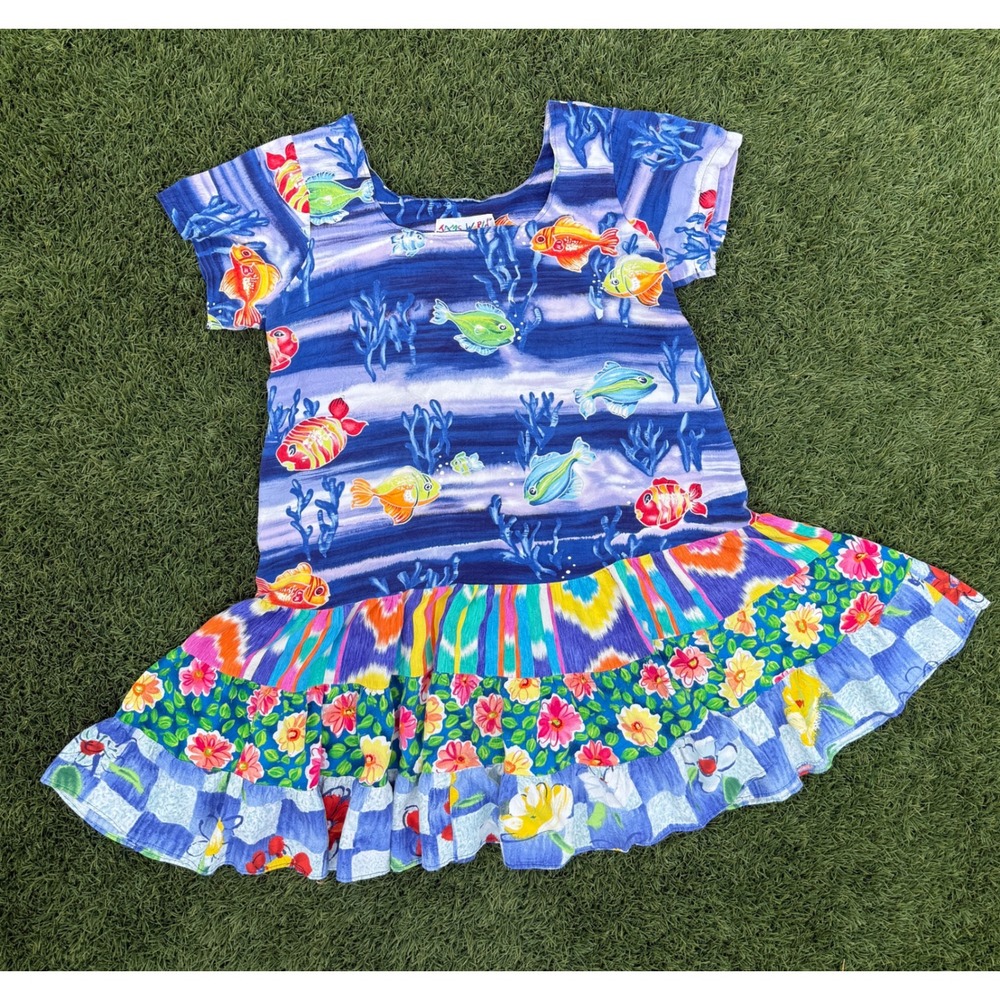 JAMS WORLD Large Talking Fish Short Sleeve Cotton 90's Dress Tropical